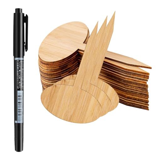 OBTANIM 75 Pack Bamboo Oval Plant Labels with A Marker Pen, Garden Markers Sign Plant Tags for Seedling Potted Herbs Flowers Vegetables - style: Oval