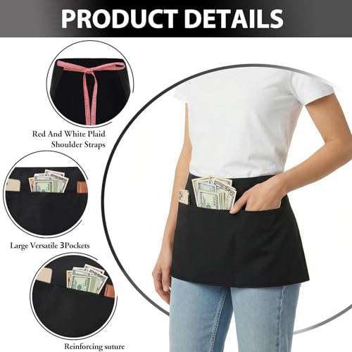 BOHARERS 3-Pocket Waist Apron With Red And White Plaid Shoulder Straps - Black Waitress Waiter Server Short Aprons - color: 1 Pack Red and White Plaid Straps
