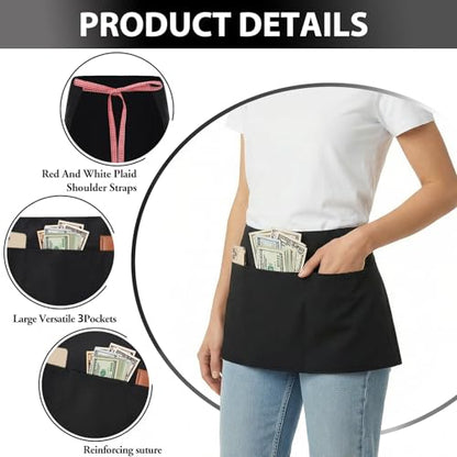 BOHARERS 3-Pocket Waist Apron With Red And White Plaid Shoulder Straps - Black Waitress Waiter Server Short Aprons - color: 1 Pack Red and White Plaid Straps