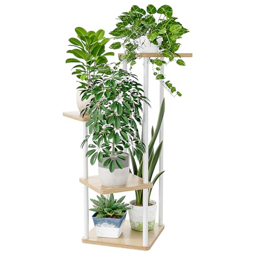 Bamworld Small Plant Stand Indoor Metal Plant Shelf for Multiple Plants - color: White Oak, size: 4 Tier