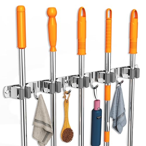 2 Pack Mop and Broom Holder Wall Mount for Kitchen Garage Laundry Room - color: Silver, size: 2 Pack 5 Racks with 4 Hooks