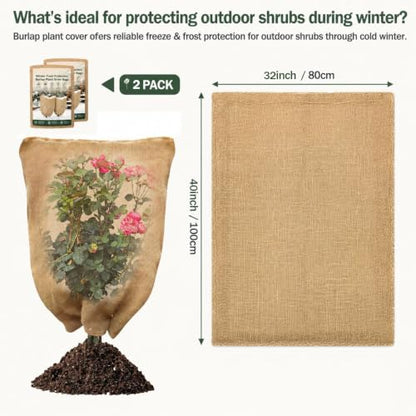 2-Pack Burlap Fabric Plant Bags - 32 X 40 Inch Winter Plant Cover Freeze Protection, Reusable Burlap Sacks Plant Frost Cloth for Outdoor Plants, Cold Weather Tree Wrap for Trees, Bushes & Garden - size: 32*40inch-2Pack