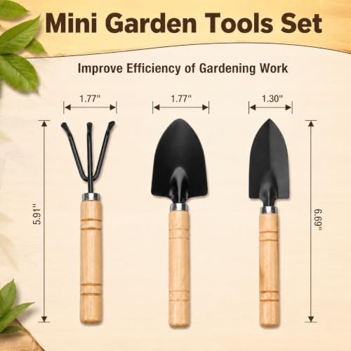 3 Pcs Mini Garden Tools Set, Small Gardening Hand Tools with Wooden Handles, Mini Rake, Trowel and Shovel for Succulents, Bonsai, Flower Pots, Indoor Plants and Seedlings