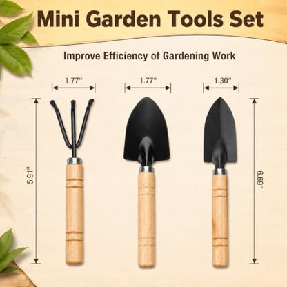 3 Pcs Mini Garden Tools Set, Small Gardening Hand Tools with Wooden Handles, Mini Rake, Trowel and Shovel for Succulents, Bonsai, Flower Pots, Indoor Plants and Seedlings