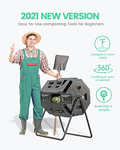 2021 Upgraded Tumbling Composter with Compost Thermometer - Dual Chamber Garden Compost Bin(43 Gal, Green) - color: Green