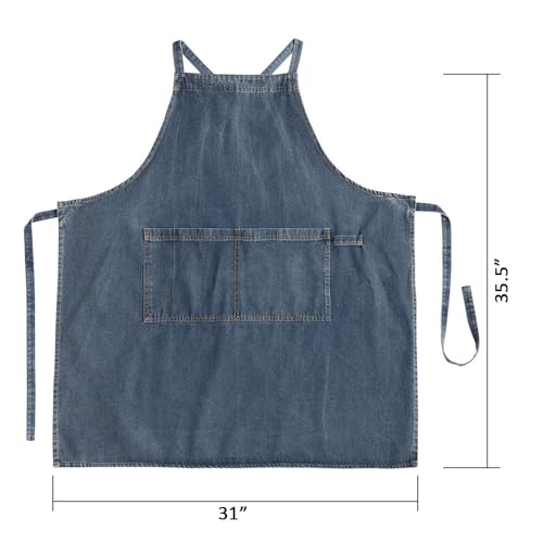 Denim Bib Apron for Women Men, Unisex Cross Back Aprons with Large Pockets - color: Style a - Deep Blue