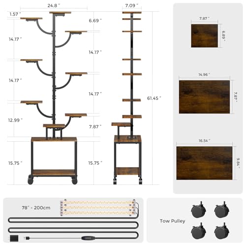 Plant Stand Indoor with Grow Lights - 9-Tier Plant Stand with Wheels, Tall Metal and Wood Indoor Plant Shelf with Tree Design, Rolling Flower Pot Holder Rack with Waterproof Finish, Adjustable Display Stand for Home Garden, Patio, 62" Tall - size: 62 in