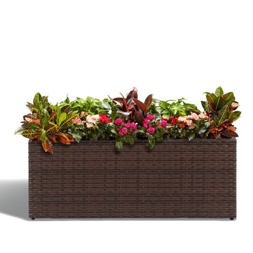 LEWIS&WAYNE Large Rectangular Block Planter Box Handmade Wicker Tall Planters for Outdoor Plants with Removable Liners Modern Planter for Indoor Outdoor Patio Deck - Brown, 36''x12''x16'' - color: Brown