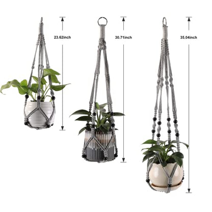 Macrame Plant Hangers with Beads for Indoor and Outdoor, 3 Pack - color: Gray