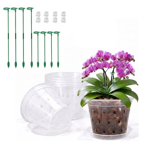 Orchid Pot -6 Pack 5 Inch Orchid Pots with Holes and Saucers, Clear Plastic Plant Pots with 8 Support Stakes and Clips, Orchid Repotting Kit for Indoor Plants - size: 5"×6