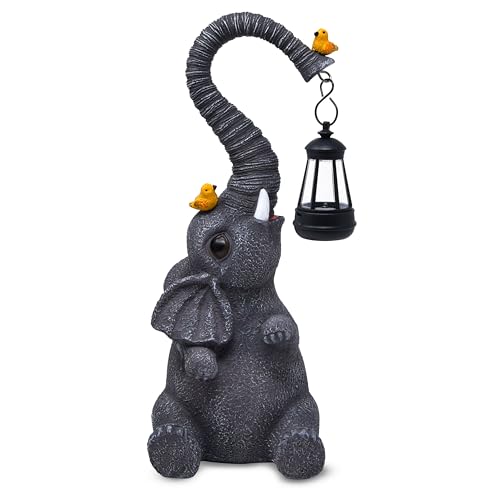 Gift Boutique Garden Decor Elephant Statues with Lantern Light Outdoor Elephant Figurine Yard Lawn Patio Decorations Resin Animal Sculpture with LED Hanging Lamp