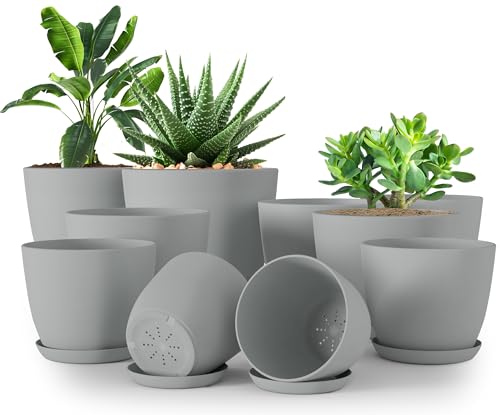 Plant Pots Indoor with Drainage, 10 Pack Multi-Size Planters Set, Grey - color: Gray, size: Pack of 10