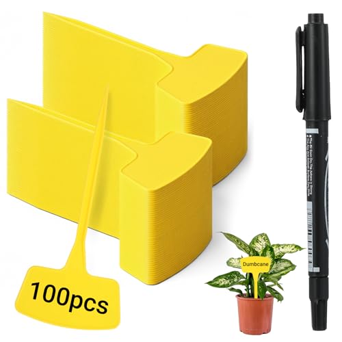 100 Pcs Plant Labels, Garden Markers Signs with Pen, 10.62" Large Plastic Plant Tags Waterproof T-Type Tags, Durable Nursery Garden Markers for Outdoor Indoor Potted Plants Flowers Seeds (Yellow)