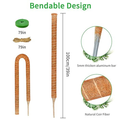 2 Pack Moss Pole for Monstera, 39in Coir Bendable Plant Support Stakes - size: 2 Pack ( 39-Inch)