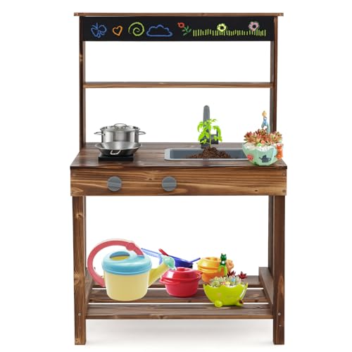 DORTALA Mud Kitchen, Fir Wood Outdoor Play Kitchen with Stoves, Sink & Faucet, Blackboard, Storage Shelf, Kids Kitchen Playset, Mud Kitchen for Kids Outdoor - style: Classic Style