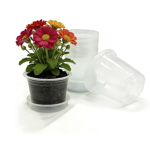 4 Inch Clear Nursery Pots with Saucers 20 Pack, Plastic Flower Pots with Drainage Holes - color: 4in