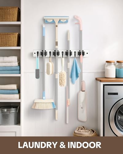 Lorbro 2 Pack Broom Holder Wall Mount, Wooden Rack with 4 Slot & 4 Hook - color: White