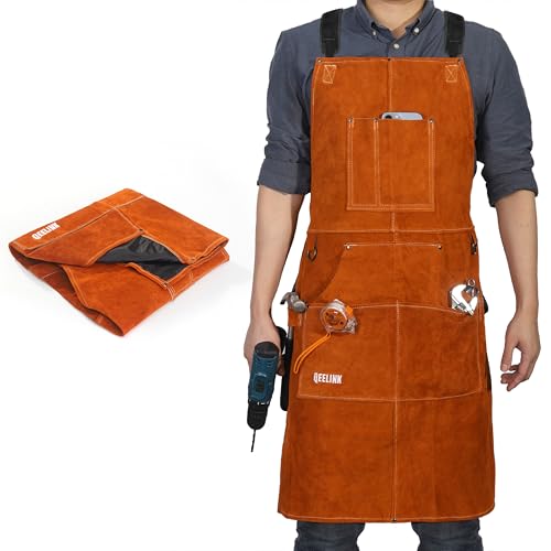 QeeLink Leather Welding Apron 6 Pockets Heat Flame Resistant for Blacksmith - color: Brown, size: 24"x 36"