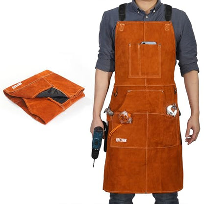 QeeLink Leather Welding Apron 6 Pockets Heat Flame Resistant for Blacksmith - color: Brown, size: 24"x 36"