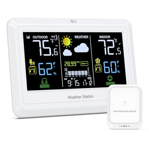 Weather Station Indoor Outdoor Color Display Digital Weather Thermometer with Clock, Thermometer Humidity Monitor for Home with Alert, Backlight, Barometric Pressure, Forecast Station