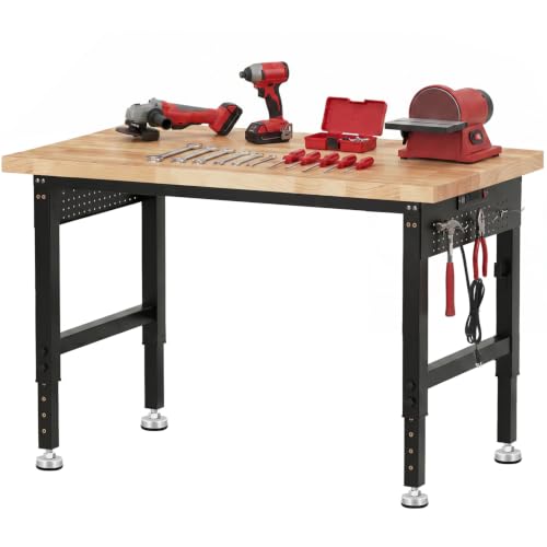 48" Heavy Duty Work Bench, Adjustable Workbench, 2000 LBS Load Capacity Rubber Wood Work Table with Pegboard, Power Outlets, Work Benches for Garage, Workshop, Office, Home, Commercial - size: 48"| Rubber Pad│Power Outlets | Pegboard