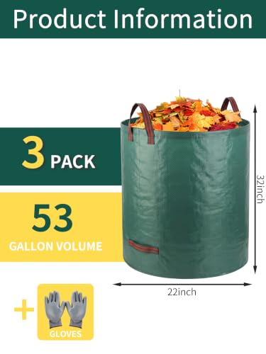 3 Pack 53Gal Tear-Resistant Reusable Yard Waste Bags with Gloves