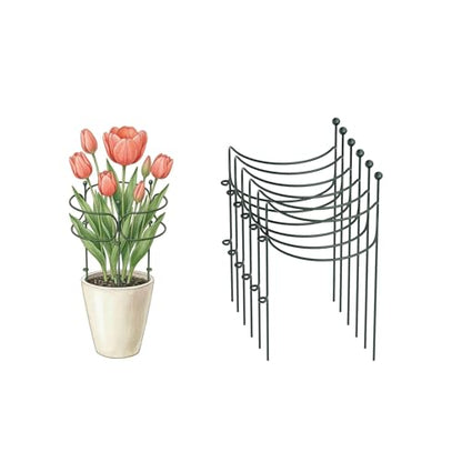 6 Pack Curved Plant Support Stakes, Dual Half Round Metal Garden Plant Stake, Peony Cages and Supports, 10"(W) x 20" (H) Flower Support Ring for Peonies, Hydrangea - size: Medium