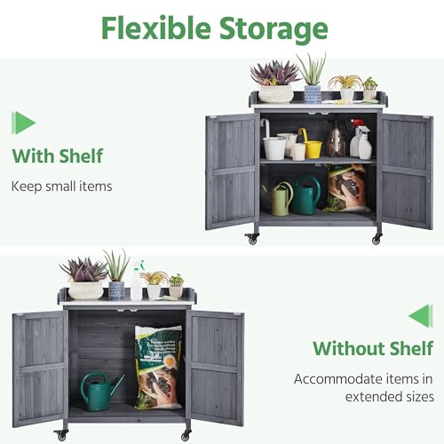 Yaheetech Rolling Potting Bench Outdoor Storage Cabinet, Metal Top, Gray - color: Gray