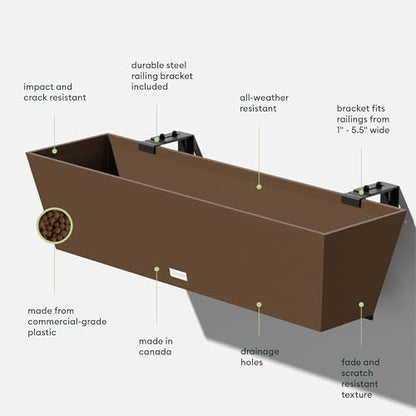 Veradek Pure Series Railing Planter - Tapered Window Box with Bracket - color: Espresso, size: 36 inch