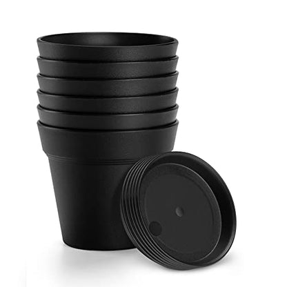 6 Pack 7 inch Plastic Plant Pots with Drainage Holes and Tray, Black - color: Black, size: 6 Pack-7in