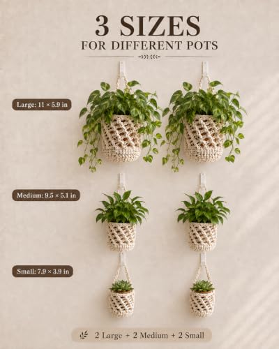 6 Pack Macrame Hanging Wall Planters,Cotton Baskets, 3 Sizes for Pots