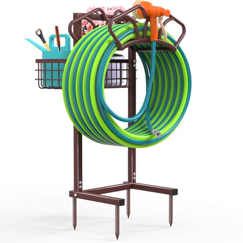 Qatsrin Garden Hose Holder with Large Basket, Heavy Duty Hose Reel, Bronze - color: Bronze