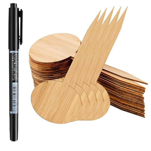OBTANIM 75 Pack Bamboo Round Plant Labels with A Marker Pen, Garden Markers Sign Plant Tags for Seedling Potted Herbs Flowers Vegetables - style: Round