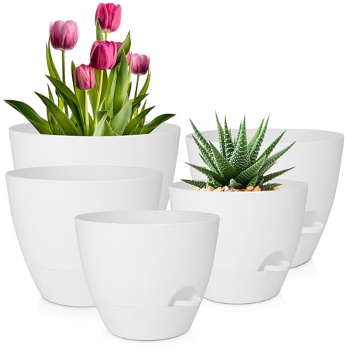 QRRICA Plant Pots 10/9/8/7.5/7 Inch Self Watering Pots, Set of 5 Plastic Planters with Drainage Holes and Saucers,Plastic Flower Pots,Nursery Planting Pot for Indoor Out Door Plants(Pure White) - color: Pure White, size: 10/9/8/7.5/7 inch
