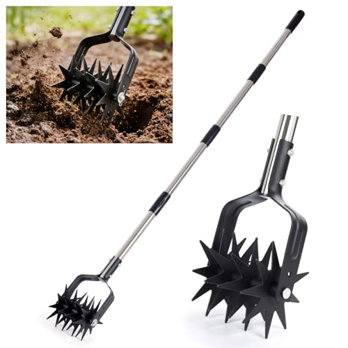 Rotary Cultivator Hand Tiller, 4-in-1 Manual Garden Cultivator with Rake Head, 59" Long Handle Lawn Aerator Tool, Stainless Steel for Aeration, Mixing Soil, Reseeding Grass, Standing Weeder