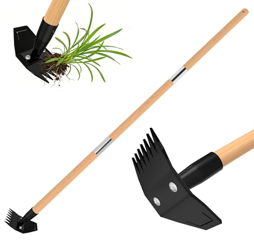 Garden Hoe with Long Bamboo Handle, 2 in 1 Weed Puller Tool&Manual Weed Remover, Weed Rake&Grabber, Gardenia Heavy Duty Uprooting Tool for Yard, Lawn and Garden, 49Inch ﻿