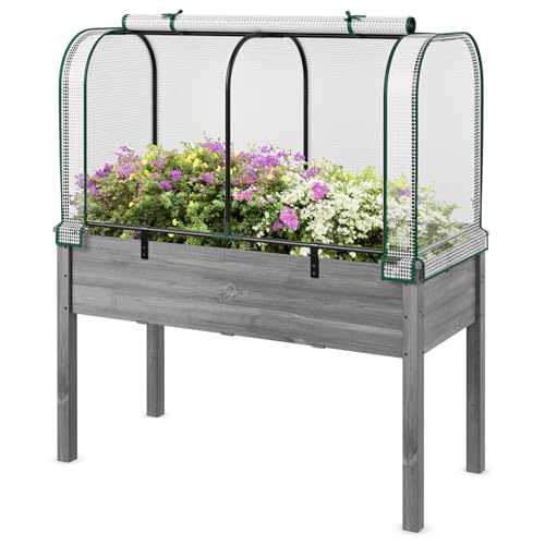 Happygrill Raised Garden Bed with Greenhouse Cover & Legs - color: White+Grey