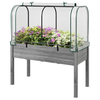 Happygrill Raised Garden Bed with Greenhouse Cover & Legs - color: White+Grey