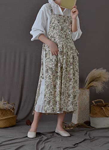 Japanese Cotton Cross Back Pinafore Apron Dress for Women,Pinafore Apron - color: White