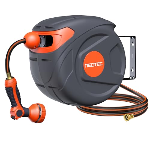 1/2" x 50ft Retractable Garden Hose Reel, Wall Mounted with Any Length Lock, 9 Pattern Nozzle, Automatic Slow Return, 180° Swivel, UV Resistant Heavy Duty Hose Reel for Outdoor Use - size: 1/2 inch 50ft