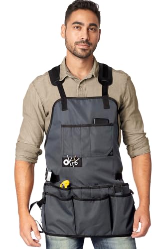 Under NY Sky Tool Apron, Magnetic Bits Holder, Cross-Back,18 Pockets, Gray - color: Gray