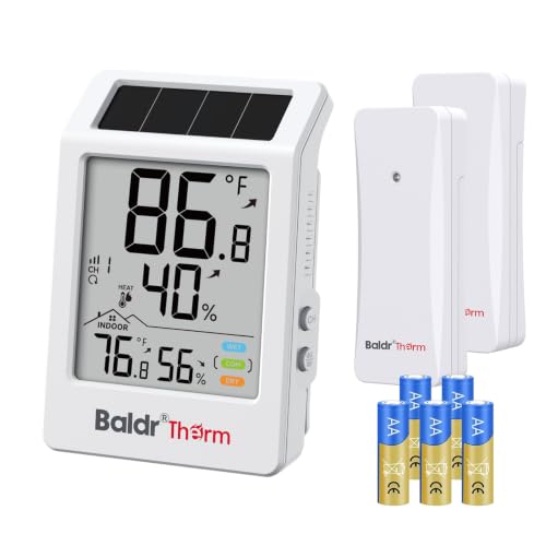 BaldrTherm Indoor Outdoor Thermometer Wireless, Digital Temperature Humidity Monitor, Temperature Gauge with 330ft Range | Solar & Battery Hybrid Power for Greenhouse, Patio, Home, 2 Sensor - color: Thermometer + 2 Sensor