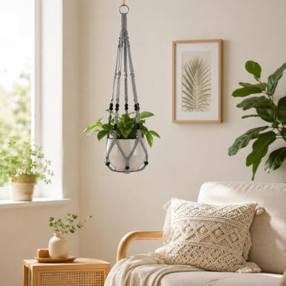Macrame Plant Hangers with Beads for Indoor and Outdoor, 3 Pack - color: Gray