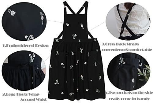 Cotton Pleated Apron Retro Waterdrop Proof Garden Cleaning Pinafore Dress - color: Floral Black