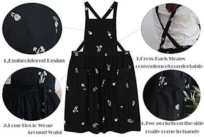 Cotton Pleated Apron Retro Waterdrop Proof Garden Cleaning Pinafore Dress - color: Floral Black