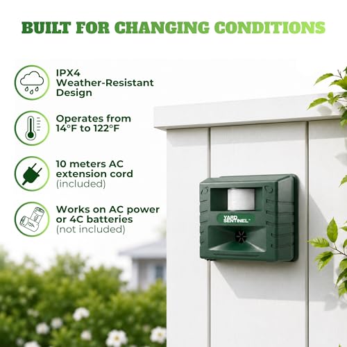 ASPECTEK Yard Sentinel Ultrasonic Animal Repeller, 5500 Sq. Ft. Coverage with 24Hrs Motion Sensor, Night Scanner, Deterrent for Deer, Raccoon, Bear, Rabbit, Skunk and Fox, Includes 10m Extension Cord - style: Original