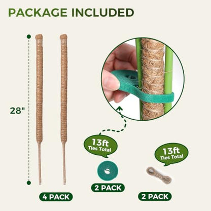 4 Pack 28'' Moss Pole Monstera Plant Support, Bendable Plant Stakes Made of Real Coco Coir Support for Climbing Indoor Plants, Tall Moss Stick Trellis for Potted Climbers - size: 4 Pack (28in)
