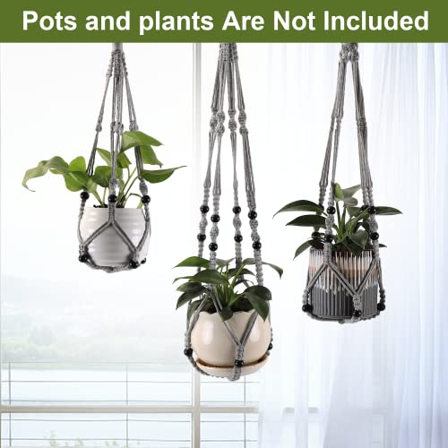 Macrame Plant Hangers with Beads for Indoor and Outdoor, 3 Pack - color: Gray