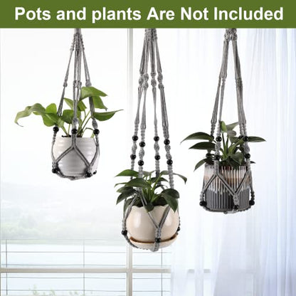 Macrame Plant Hangers with Beads for Indoor and Outdoor, 3 Pack - color: Gray