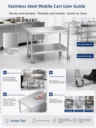 24x48 Stainless Steel 2-Tier Prep Table, 900LB Cart, Casters, Garage - color: Casters